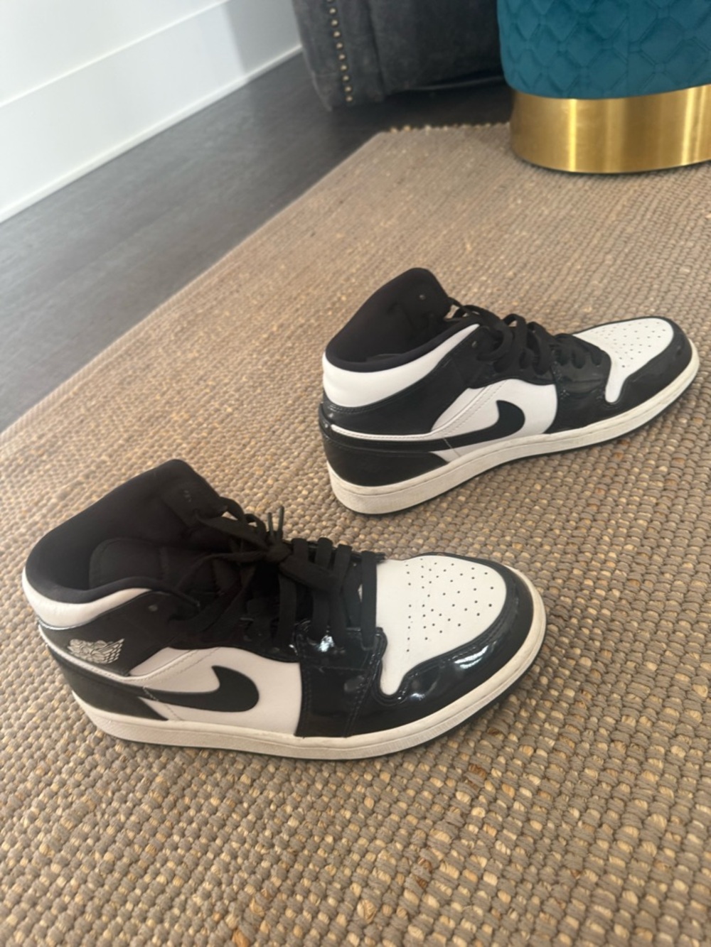 Nike Air Jordan 1 Mid Black & White Patent Leather Sneakers